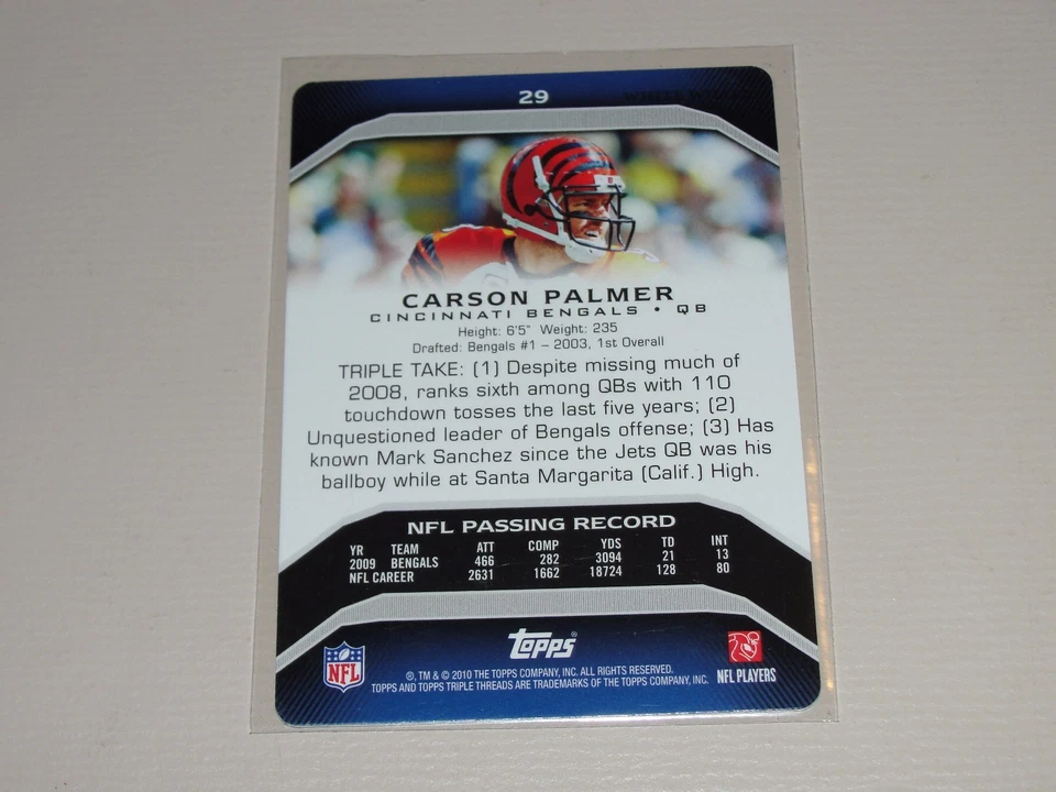 2010 Triple Threads CARSON PALMER 29 Black Printing Plate 1/1 Bengals CARDINALS  - Image 2 of 2