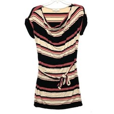 Ann Taylor Loft Striped Shift Dress Womens M Tie Waist Cowl Neck Neutral Pink