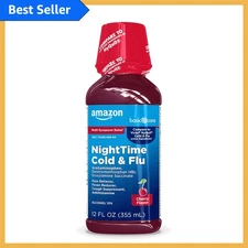 Night Time Cold & Flu Relief Liquid - Cherry Flavor, 12 fl oz for Restful Sleep