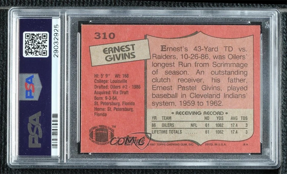 1987 Topps Ernest Givins #310 PSA 10 GEM MT Rookie RC - Image 2 of 2