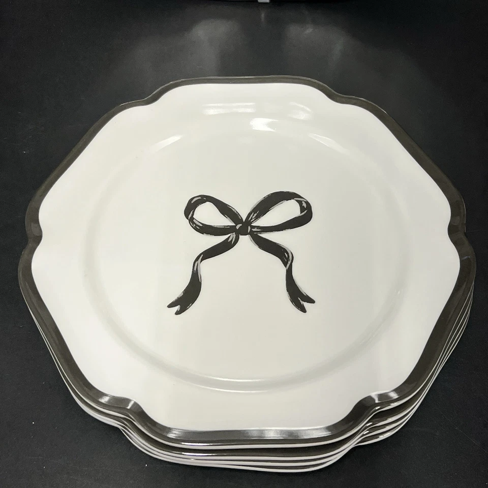 8 Pc Black Bows on White Melamine Dinner & Salad Plates Shabby Chic - Image 4 of 4
