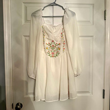 SHEIN MOD White Floral Embroidered Square Neck Puff Long Sleeve Mini Dress US 2