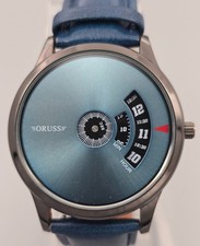 Orologio Oruss Jump Hour Style Quadrante Blu Minimalista Retrò Futuristico Quarzo Pelle