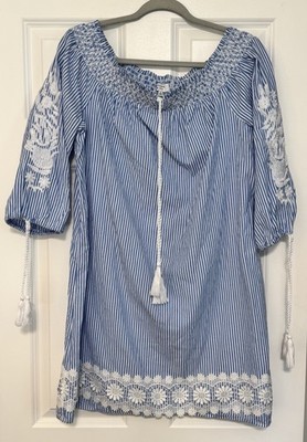 Crown & Ivy Blue White Striped Off Shoulder Embroidered Tassels Summer Dress XL