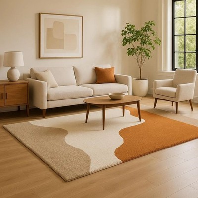 Handgetufteter moderner abstrakter Flächenteppich Beige, Creme & Burnt Orange...