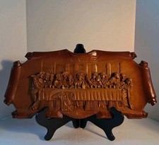 MCM Last Supper Hand Carved Wood Scroll Wall Hanging Plaque; Artisan Signed;EUC