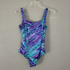 Vtg Jantzen Bathing Suit Womens 14 Blue Purple One Piece Swim Suit 80s Swirls