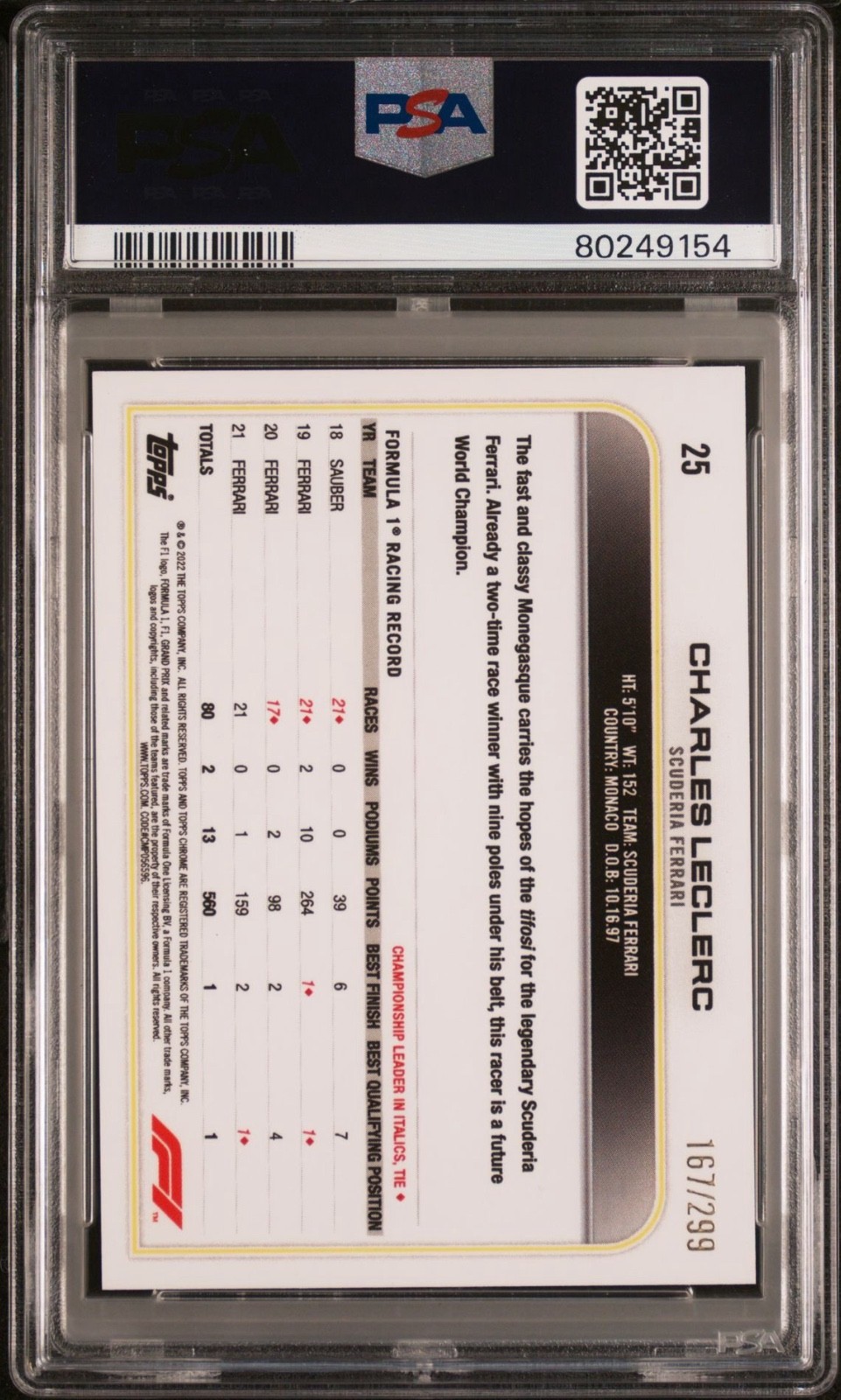 2022 Topps Chrome F1 Charles Leclerc Portrait Mini Diamonds 167/299 PSA 10 #25 view 2