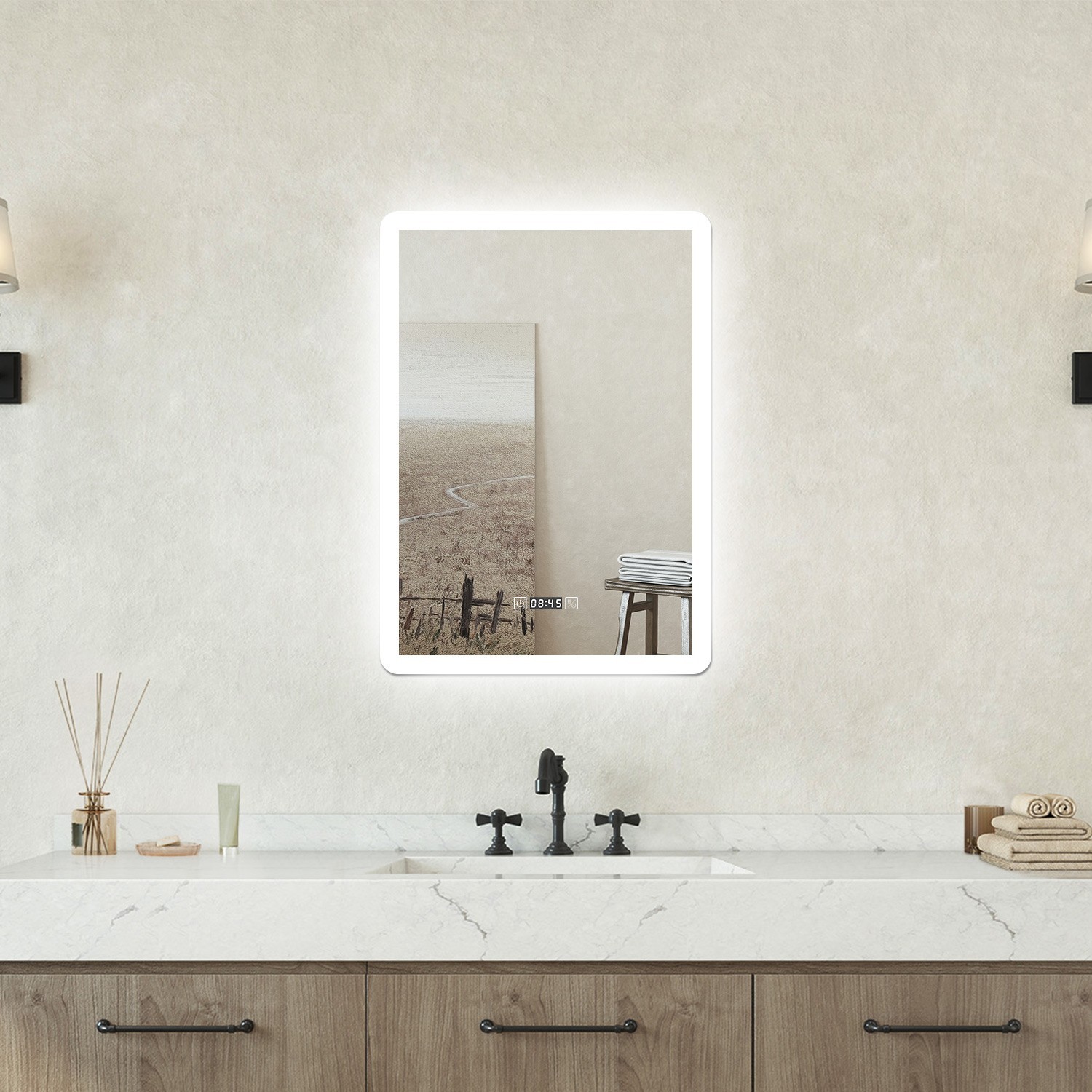 Specchio Bagno LED Rettangolare Design Luxury - 3 Luci, Orologio, Anti-Fog