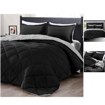 Chic Black and Grey 3-Piece Microfiber Comforter Set - For -Round Elegance