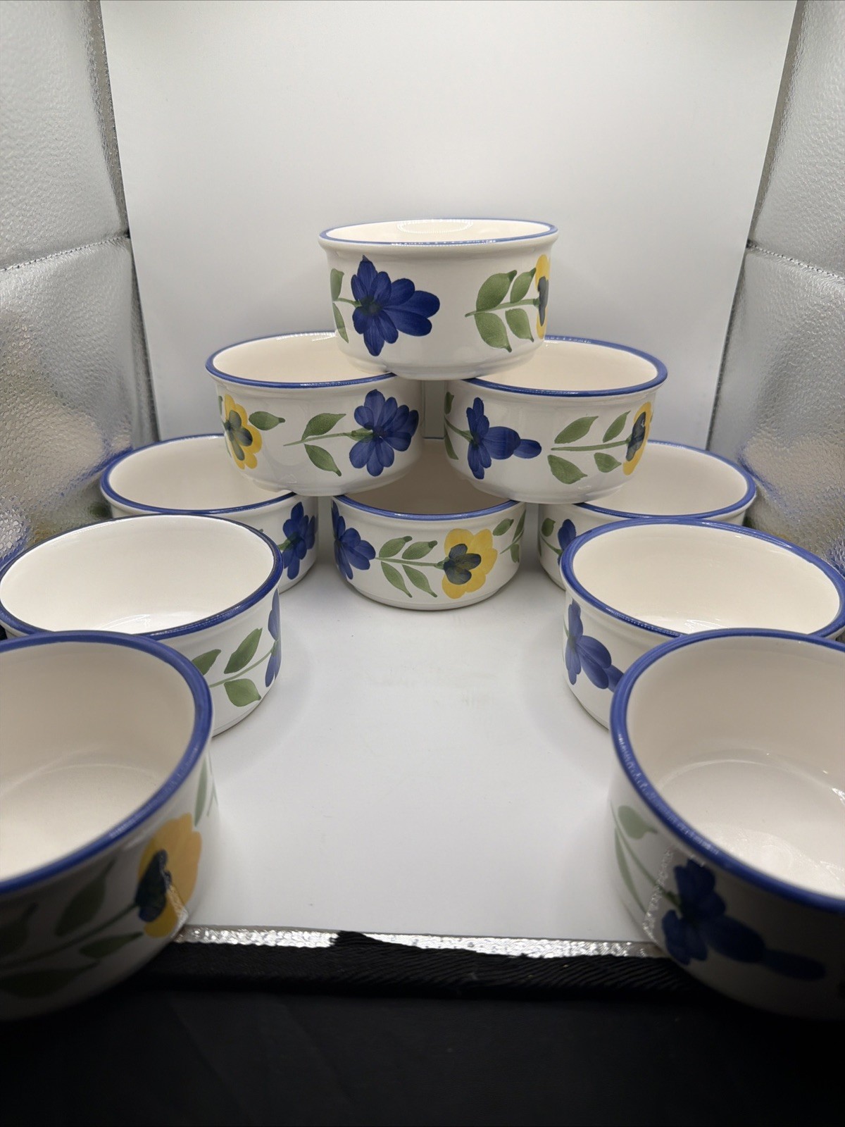 Dansk San Nicolo Ramekins Custard Cups Blue & Yellow Floral Pattern Set of 10