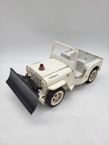 Vintage 1960s White Tonka Jeep Snow Plow Pressed Steel Toy Truck