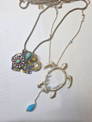 Boho Silver Tone Necklace Lot  2-for-1 Bundle-Elephant 28'' & Wire Sea Turtle 30''