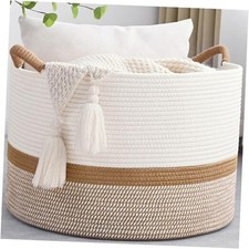 Large Blanket Basket, 20"x13" Woven Storage Baskets With Handle, White  Brown