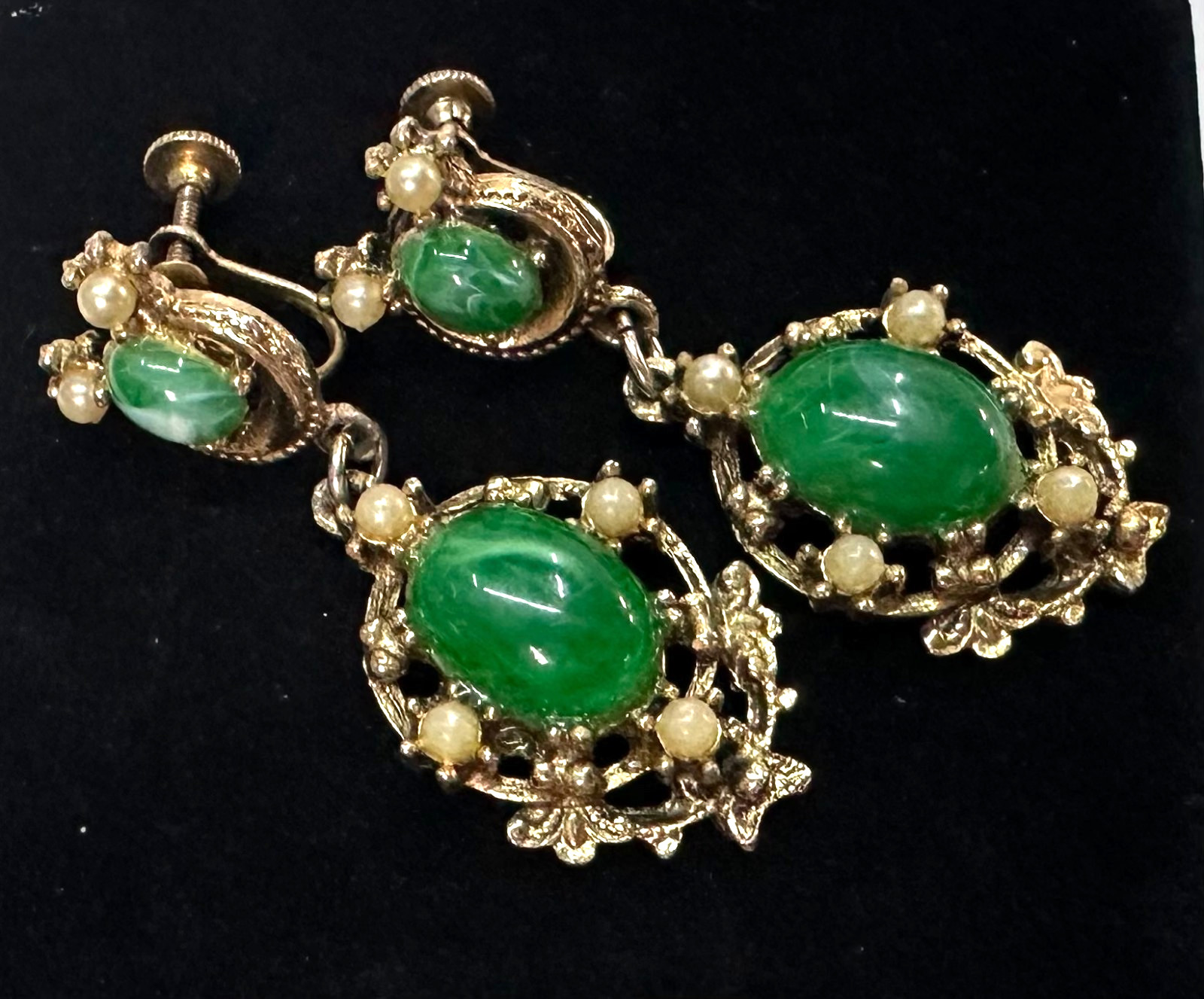 Vtg Costume Green Stone Dangle Gold Tone Screw Back Earrings Jewelry Lot M