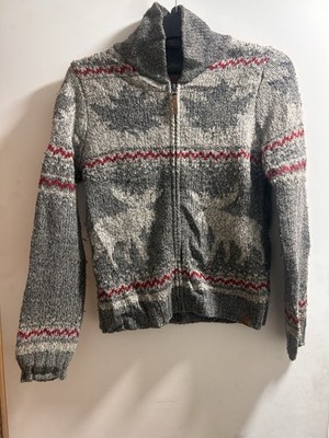 Canadiana Zip Strick Pullover Damen L grau Elchmuster Winter Grob nordisch