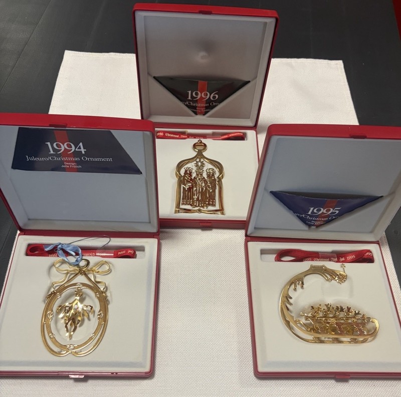 Lot If 3 - Gold plated Christmas Ornaments Georg Jensen, 1994 1995 1996 Box&Ribb
