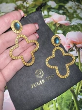 NEW Julie Vos 24k Gold Plate & Blue Stone Cross Statement Earrings WOW NWOT