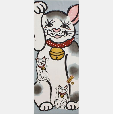 Maneki Neko Japanese Tenugui Tapestry Hand-dyed Fabric Panel Lucky Cat Reprint