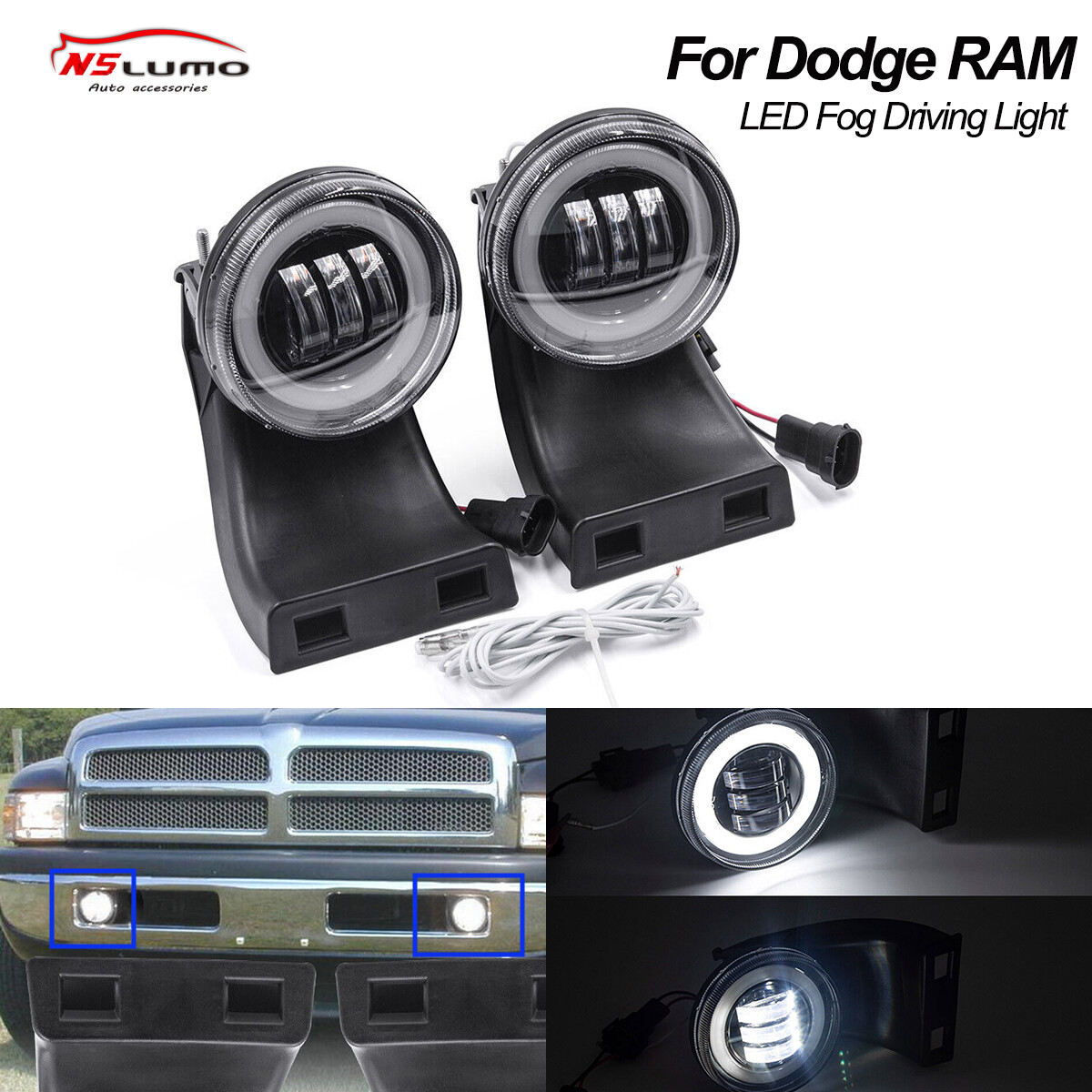 Halo Ring DRL White LED Fog Driving Light Lamp For 1994-2002 Dodge RAM 1500 2500