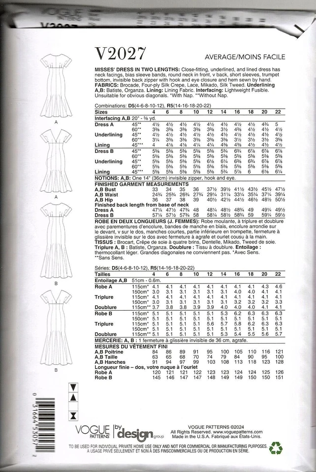Vogue V2027 Misses 14 to 22 Mermaid Dresses in Two Lengths Uncut Sewing Pattern - Image 2 of 2