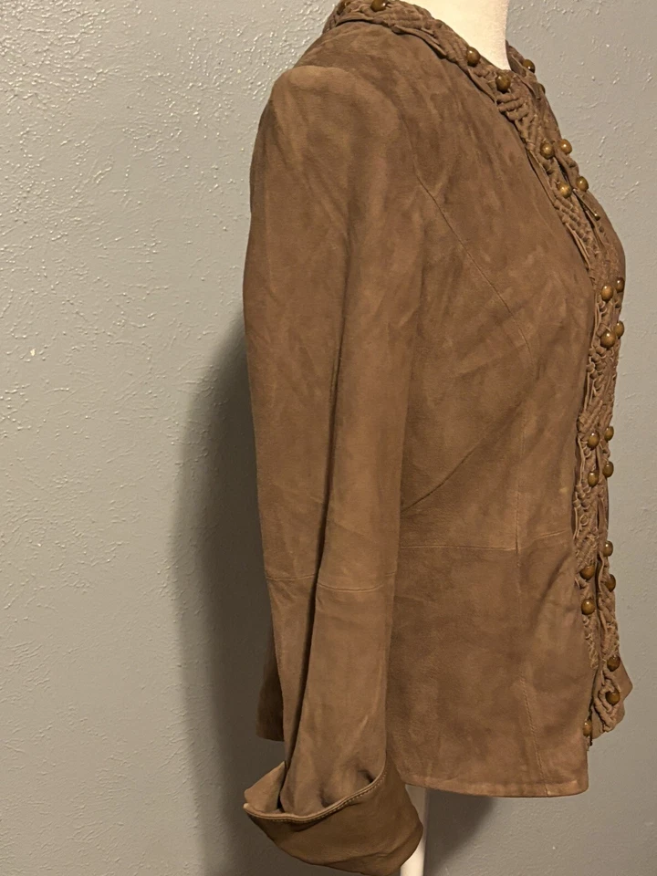 Chaqueta de cuero de gamuza marrón Dana Bachman para mujer 6 ribete de cuentas de macramé del suroeste Foto 2 de 4