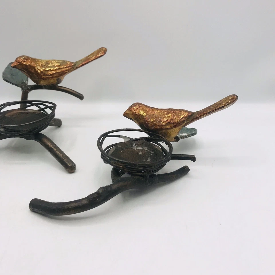 Vintage Ninho de Pássaro Bronze Flores de Pássaro Luz de Chá Suporte de Vela Conjunto de 3 MCM - Imagem 2 de 4