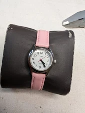 Timex White Dial Round Silver Tone Case 24 mm Pink Leather Band Watch - Runs