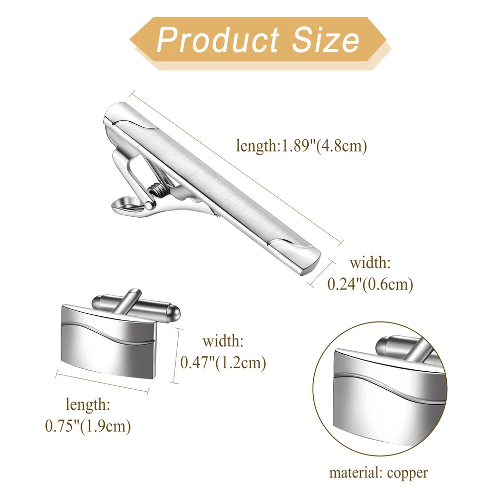 Men's Tie Clasp Cufflinks Set Business Wedding Shirts Cuff Links Necktie Clip - Image 2 of 4