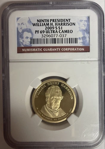 Ninth President, William H. Harrison 2009 S $1, PF69 Ultra Cameo NGC