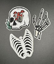 x3 Patches - Skull  Ribs  Hand Embroidered Iron-On/Sew-On Patch - NEW P290