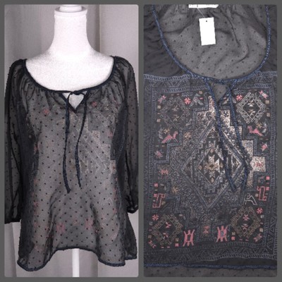 Womens Top Medium Black Sheer Swiss Dot Blouse with Faint Print Tribal Retro NEW