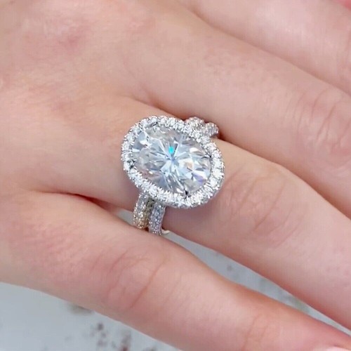 3 Ct Oval Cut VVS1 Moissanite Bridal Set Engagement Ring 14k White Gold Plated - Picture 4 of 10
