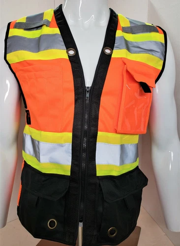 FX HI-ISIBILITY Surveyor Three Tones Orange Safety Vest  Solid front & Mesh back - product listing photo