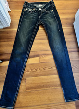 True Religion Women  s Dark Wash Blue Denim Straight Jeans Slim Low Rise Super T