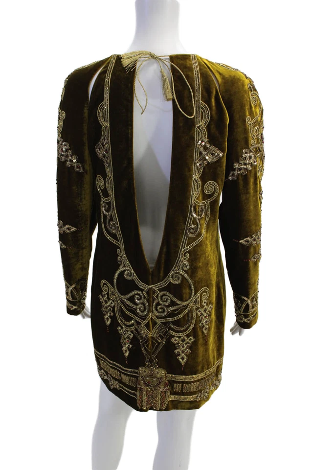 Dundas Womens Velvet Beaded Long Sleeves V Neck Dress Brown Size EUR 40 - Image 3 of 4