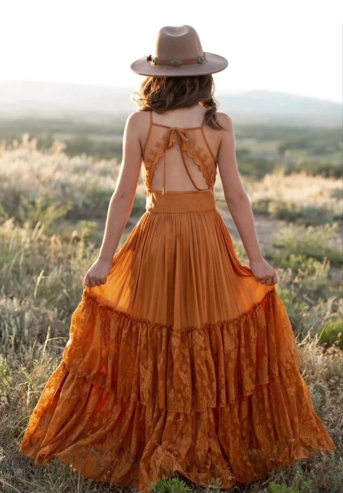 Boho Princess Girls Lace Ruffle Maxi Dress Long Rust Orange Brown Sz 14 - Image 2 of 4