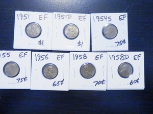 7 Circulated EF Lincoln Wheat Cents 1951 to 1958D