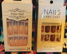 Press-On Nails Pre-Designed Shiny Square Floral Beige Brown White Medium 24ct
