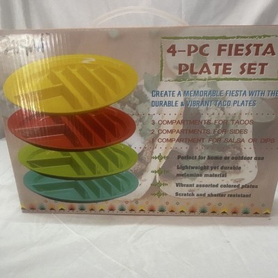 Parini Adults 4-Piece Melamine Plate Set, Yellow Red Green Blue, Oval Fiesta