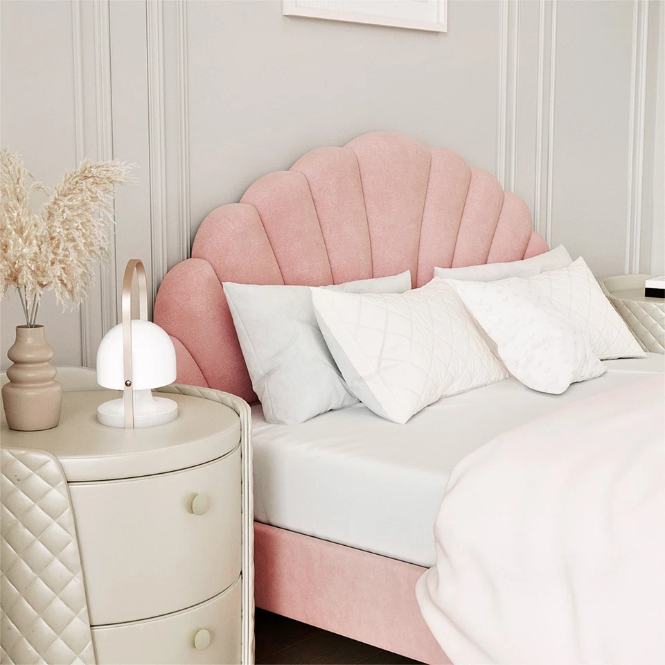 Oikiture Bed Frame Double Size Scallop-Shape Bedhead Pink Velvet - image 3 of 4