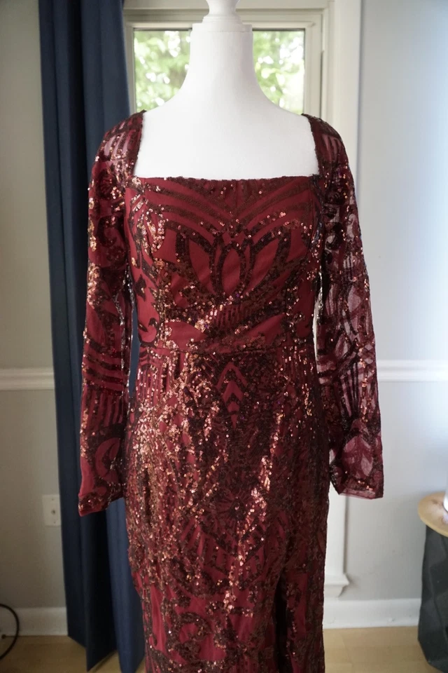 [Talla 8] Vestido de malla de lentejuelas borgoña con escote cuadrado y lazo trasero Foto 2 de 4