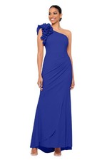 Long One Shoulder Ruffle Scuba Crepe Dress Standard  Petite, Navy Blue, 14P