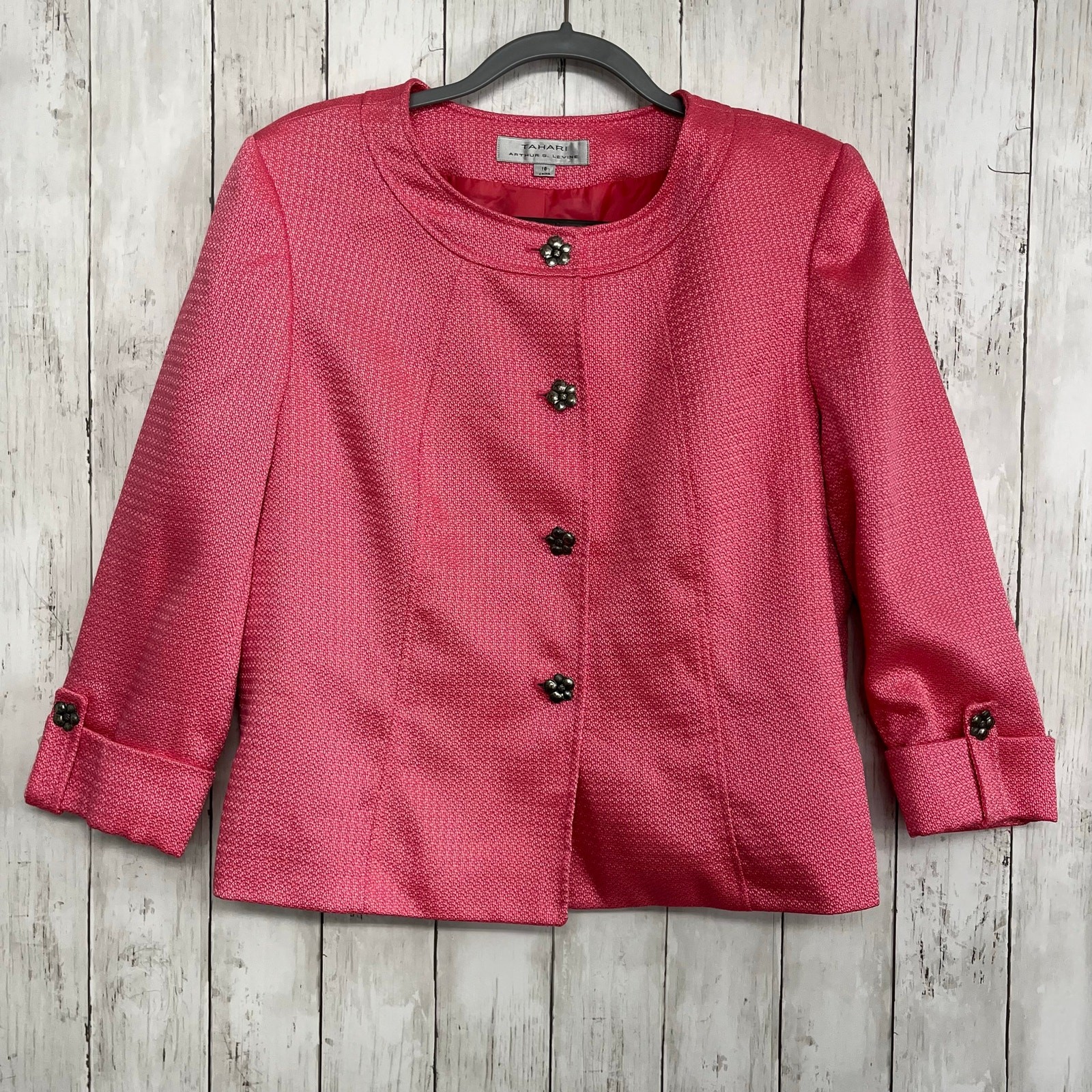 Tahari Pink Long Sleeve Professional Work Business Flower Button Down Blazer 16