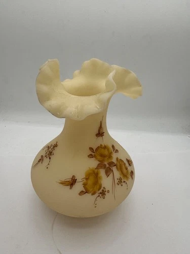 Fenton Yellow Satin Custard Ruffled Vase chocolate roses hand paint Signed