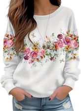 Floral Printed Sweatshirt Womens Boho Flowers O-Neck Pullover Tops Garden Lovers
