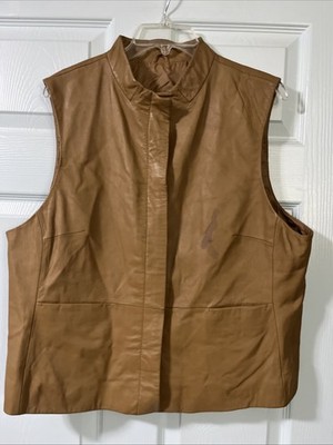 Cold Water Creek Sz. XL Tan Soft Leather Vest Mandarin Collar Button Up Pockets