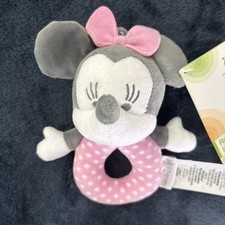Disney Baby Minnie Mouse Rattle Plush Pastel Pink/Gray 6  With Bow Lashes