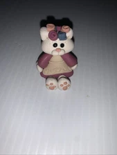 1994 Suzi Skogluand Girl Kitty Cat in Dress Flowers Polymer Clay 1-5/8" Figurine