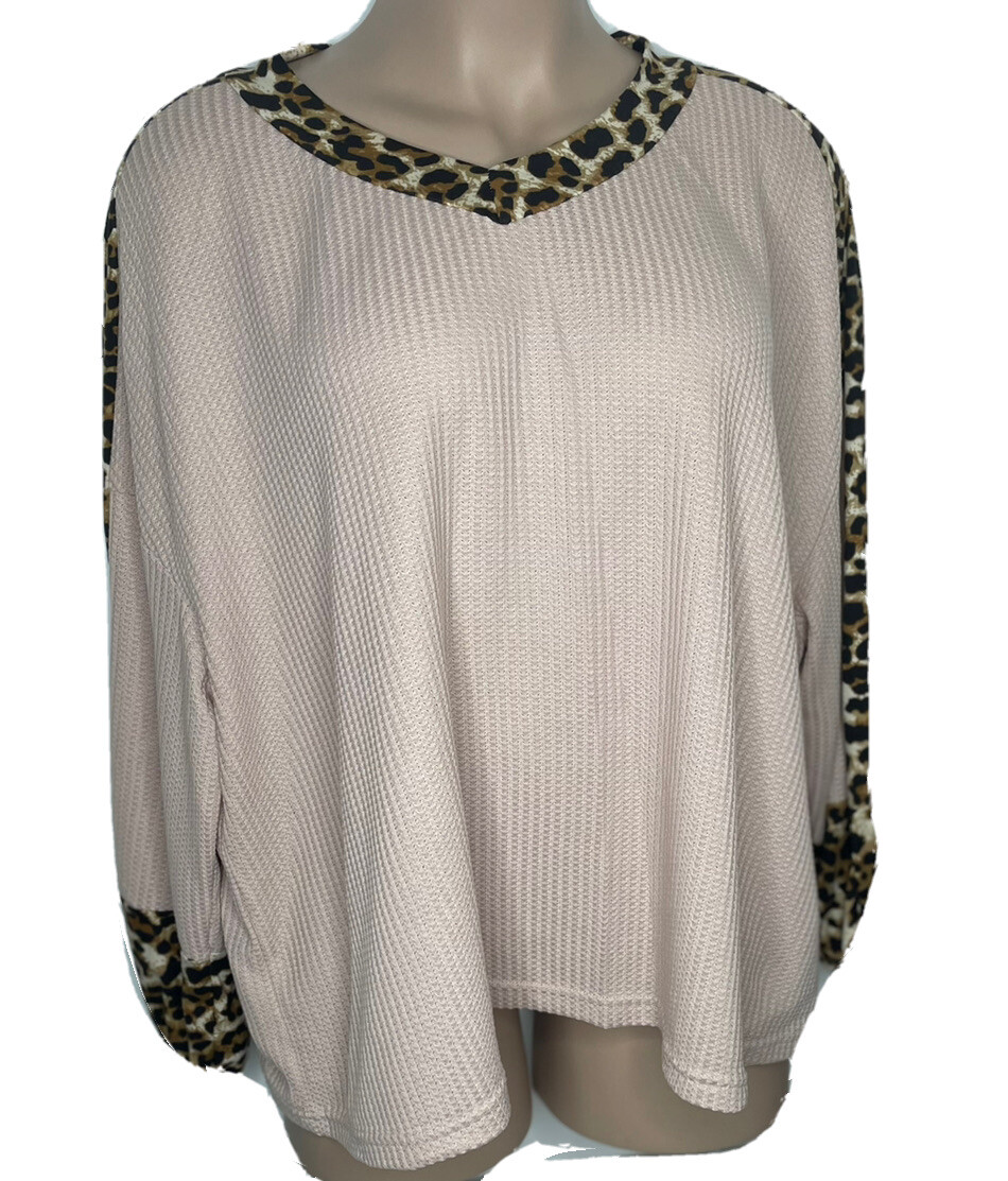 Waffle Knit Long Sleeve Top Leopard Print Trim V-Neck Plus Size 4XL Casual